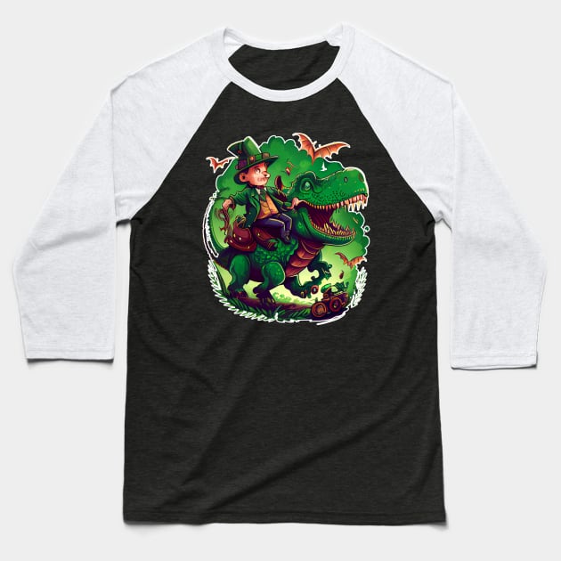 Funny Leprechaun Riding T-rex Baseball T-Shirt by TriHarder12